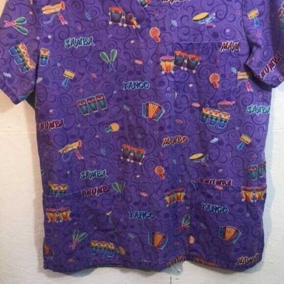 Musical Instrument Print Scrub Top Purple Mambo Samba Tango Nurse‎ - Picture 8 of 10